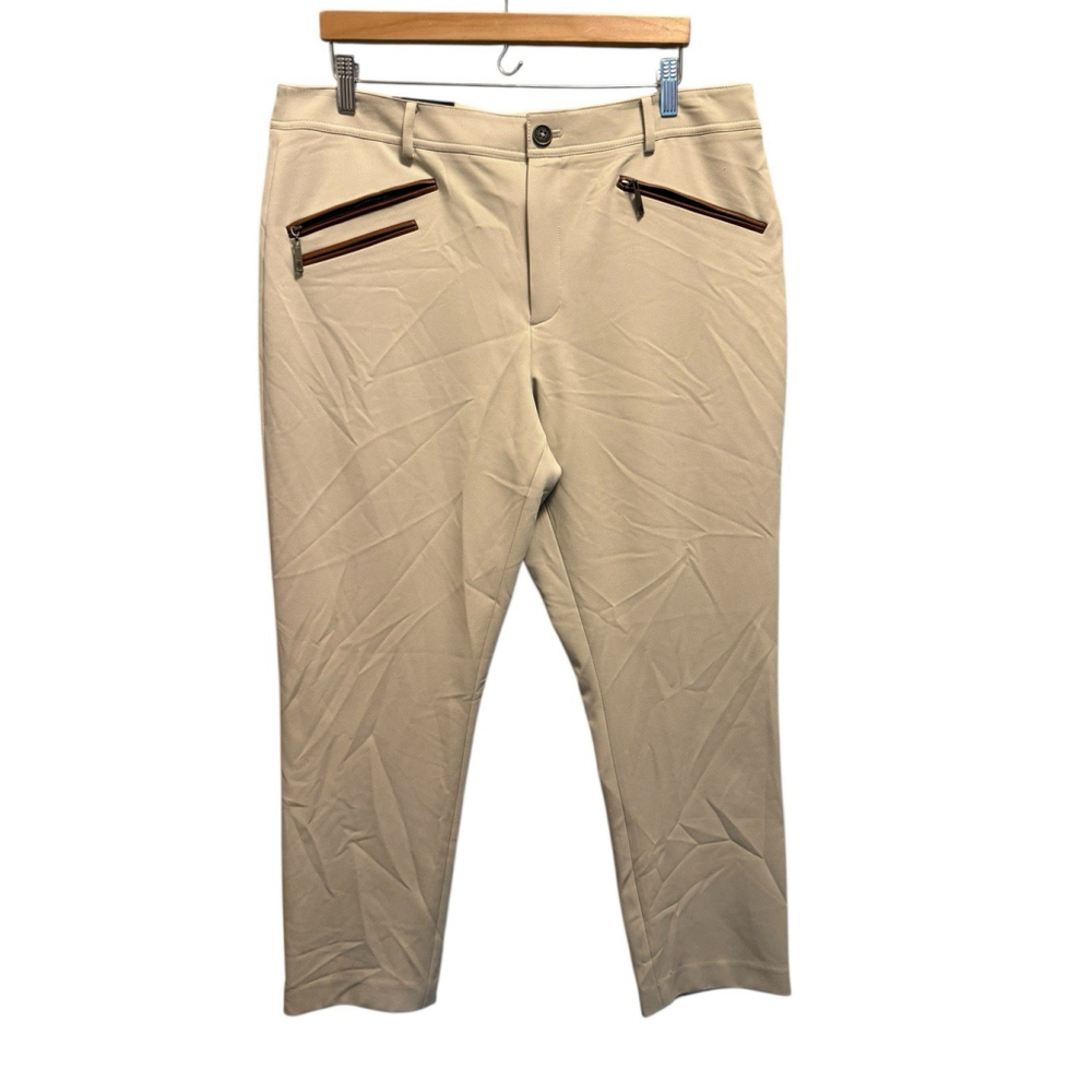 Tommy Hilfiger Women's Pants Mid Rise Faux Leather Trim Ankle Beige Tan 16 NWT
